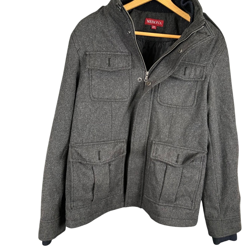Merona Mens Charcoal Gray Wool Blend Military Field Jacket Coat Medium RN17730